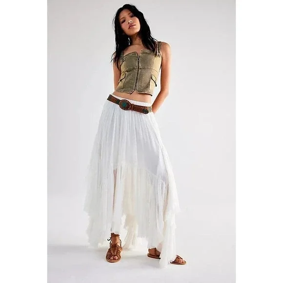 Free People Fp One Clover Skirt Asymmetrical Tiered Flowy Guaze White XS - Picture 1 of 12